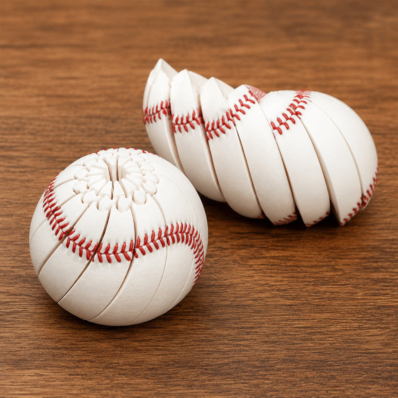 Baseball fidget ball shown opened and closed