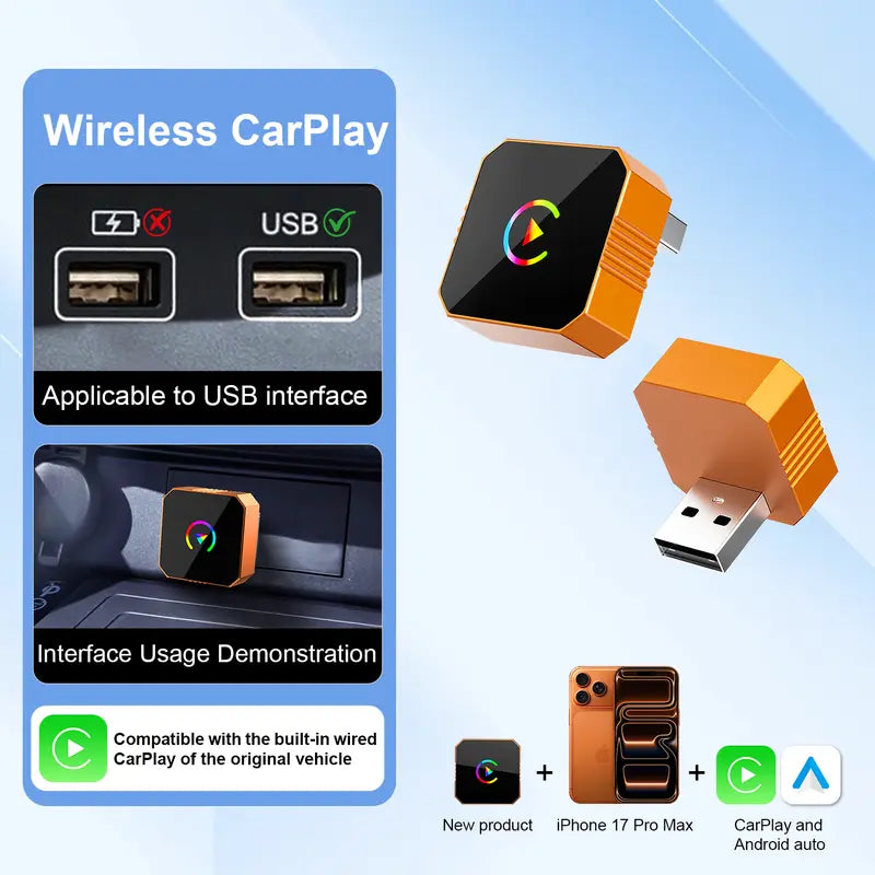 Newest 2026 Wireless CarPlay Adapter for iPhone/Android - Apple 17 Orange Fast Connect No Delay, Hands-Free Calling Wireless Adapter Electronic Charger CarPlay Adapter