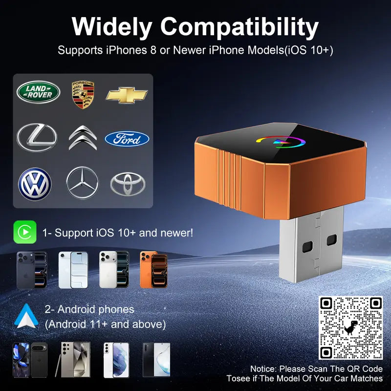 Newest 2026 Wireless CarPlay Adapter for iPhone/Android - Apple 17 Orange Fast Connect No Delay, Hands-Free Calling Wireless Adapter Electronic Charger CarPlay Adapter